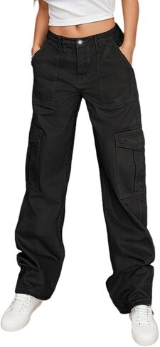 Women's High Waist Baggy Cargo Jeans Y2K Wide Leg Straight Leg Denim Pants in Saudi Arabia