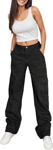 Women's High Waist Baggy Cargo Jeans Y2K Wide Leg Straight Leg Denim Pants in Saudi Arabia