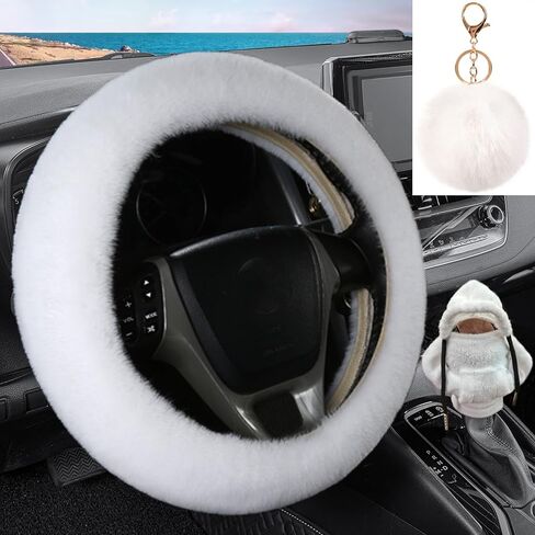 3 Pcs Fluffy Steering Wheel Cover Set,Car Shift Knob Funny Sweater Hoodie with Fuzzy Keychain,Fur Furry Car Accessories Set for Women Car Interior Decor (White) in Saudi Arabia