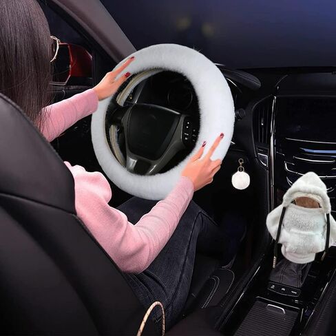 3 Pcs Fluffy Steering Wheel Cover Set,Car Shift Knob Funny Sweater Hoodie with Fuzzy Keychain,Fur Furry Car Accessories Set for Women Car Interior Decor (White) in Saudi Arabia