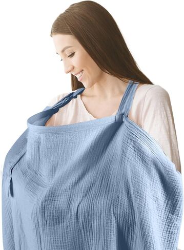 Muslin Nursing Covers for Breastfeeding - Allows Hands-Free Baby Check, 100% Cotton, Featuring Windproof Straps, Includes A Small Potable Storage Pocket, Baby Breast Feeding Must Haves in Saudi Arabia