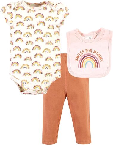 Hudson Baby Unisex Baby Cotton Bodysuit, Pant and Bib Set, Sunshine Rainbows, Newborn in Saudi Arabia