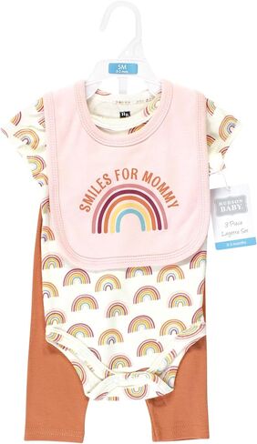 Hudson Baby Unisex Baby Cotton Bodysuit, Pant and Bib Set, Sunshine Rainbows, Newborn in Saudi Arabia