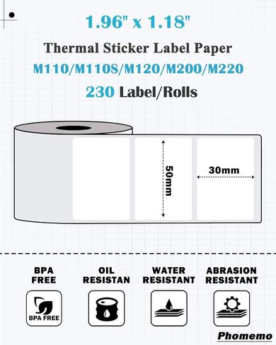 Phomemo M110 Labels 1.96'' x 1.18''(50 * 30mm), Compatible with Phomemo M110/M120/M220/M200 Label Printer, Multi-Purpose Label Tape Self-Adhesive Thermal Paper, Black on White,230 Labels/Roll in Kuwait