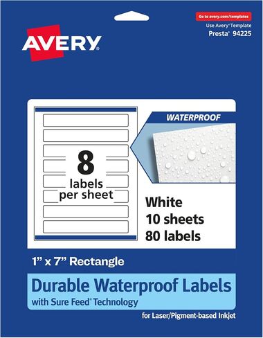Avery Durable Waterproof Rectangle Labels with Sure Feed, 1" x 7", 200 Oil and Tear-Resistant Waterproof Labels, Print-to-The-Edge, Laser/Pigment-Based Inkjet Printable Labels in Saudi Arabia