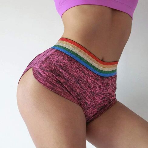Women's Rainbow Striped Yoga Shorts High Waist Tummy Control Butt Lift Ruched Fitness Sporty Booty Shorts in Saudi Arabia