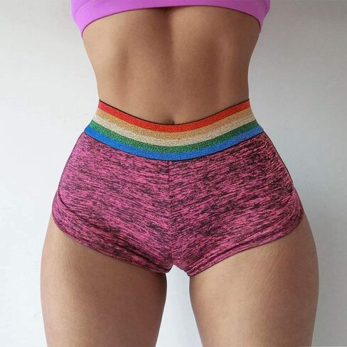 Women's Rainbow Striped Yoga Shorts High Waist Tummy Control Butt Lift Ruched Fitness Sporty Booty Shorts in Saudi Arabia