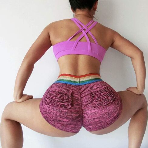 Women's Rainbow Striped Yoga Shorts High Waist Tummy Control Butt Lift Ruched Fitness Sporty Booty Shorts in Saudi Arabia