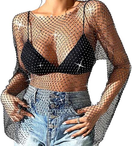 Uranian Rhinestone Mesh Crop Top Sexy Body Chain See Through Tank Top Long Sleeve Bikini Cover Up for Beach Party Festival in Kuwait