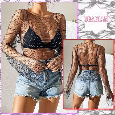 Uranian Rhinestone Mesh Crop Top Sexy Body Chain See Through Tank Top Long Sleeve Bikini Cover Up for Beach Party Festival in Kuwait