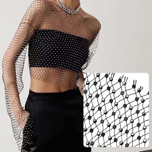 Uranian Rhinestone Mesh Crop Top Sexy Body Chain See Through Tank Top Long Sleeve Bikini Cover Up for Beach Party Festival in Kuwait
