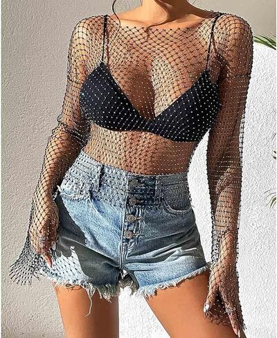 Uranian Rhinestone Mesh Crop Top Sexy Body Chain See Through Tank Top Long Sleeve Bikini Cover Up for Beach Party Festival in Kuwait