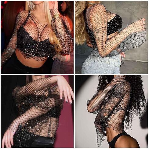 Uranian Rhinestone Mesh Crop Top Sexy Body Chain See Through Tank Top Long Sleeve Bikini Cover Up for Beach Party Festival in Kuwait