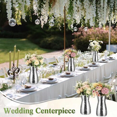 فسيفساء الزجاج ديسكو الكرة زهرة زهرية 8 بوصة معكوسة زهرية فضية بريق زهرية للمنزل طاولة الزفاف مكتب غرفة المعيشة المطبخ الديكور هدية تشكيلة زهور in Kuwait