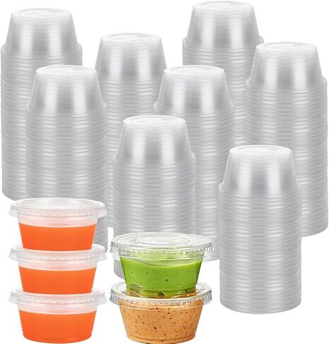 [500 مجموعة - 2 أونصة] أكواب جيلو شوت أكواب بلاستيكية مع أغطية، حاويات بهارات صغيرة، أكواب صلصة غمس للاستعمال مرة واحدة لتتبيل السلطة، أكواب سوفلي شفافة للسوفليه، عينات الطعام، الغداء، البار in Kuwait