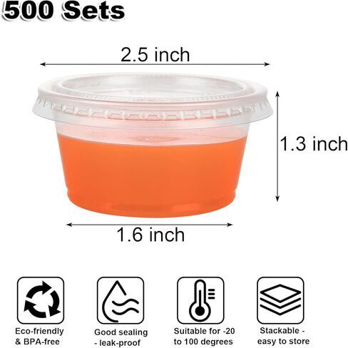 [500 مجموعة - 2 أونصة] أكواب جيلو شوت أكواب بلاستيكية مع أغطية، حاويات بهارات صغيرة، أكواب صلصة غمس للاستعمال مرة واحدة لتتبيل السلطة، أكواب سوفلي شفافة للسوفليه، عينات الطعام، الغداء، البار in Kuwait
