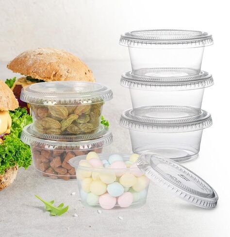 [500 مجموعة - 2 أونصة] أكواب جيلو شوت أكواب بلاستيكية مع أغطية، حاويات بهارات صغيرة، أكواب صلصة غمس للاستعمال مرة واحدة لتتبيل السلطة، أكواب سوفلي شفافة للسوفليه، عينات الطعام، الغداء، البار in Kuwait