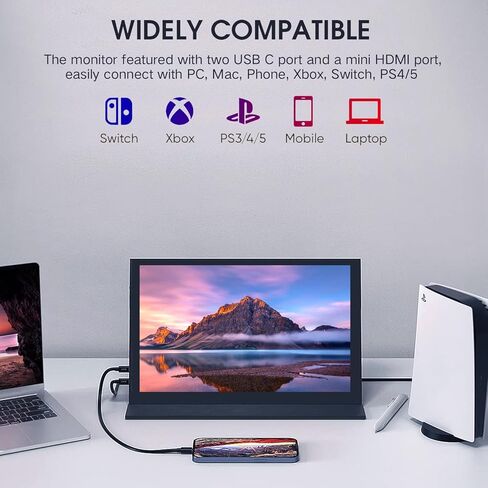 موسع شاشة الكمبيوتر المحمول مقاس 12 بوصة، 60 هرتز 768 بيكسل، موسع شاشة كمبيوتر محمول صغير HDMI/Type-C مزدوج الشاشة لأنظمة Windows وChrome وMac وSwitch وXbos وPS4 5(P1S) in Kuwait