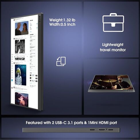 موسع شاشة الكمبيوتر المحمول مقاس 12 بوصة، 60 هرتز 768 بيكسل، موسع شاشة كمبيوتر محمول صغير HDMI/Type-C مزدوج الشاشة لأنظمة Windows وChrome وMac وSwitch وXbos وPS4 5(P1S) in Kuwait