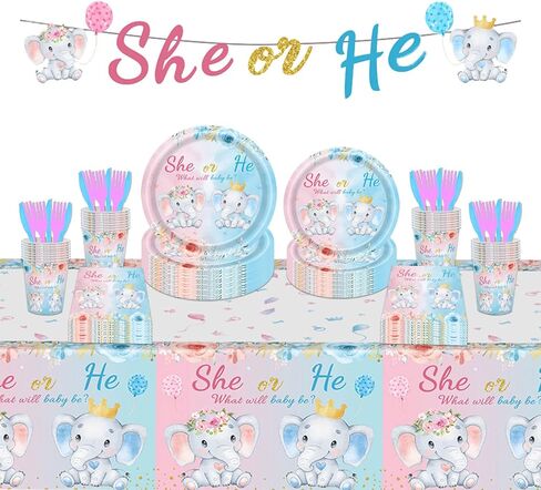 122PCS Gender Reveal Party Supplies Serve 20 Gender Reveal Party Decorations Blue and Pink Elephant Gender Reveal Tableware Set Includes She or He Banner Tablecloth Plates Napkins Cups Forks Knives in Kuwait