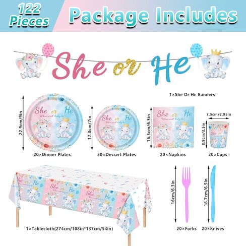 122PCS Gender Reveal Party Supplies Serve 20 Gender Reveal Party Decorations Blue and Pink Elephant Gender Reveal Tableware Set Includes She or He Banner Tablecloth Plates Napkins Cups Forks Knives in Kuwait