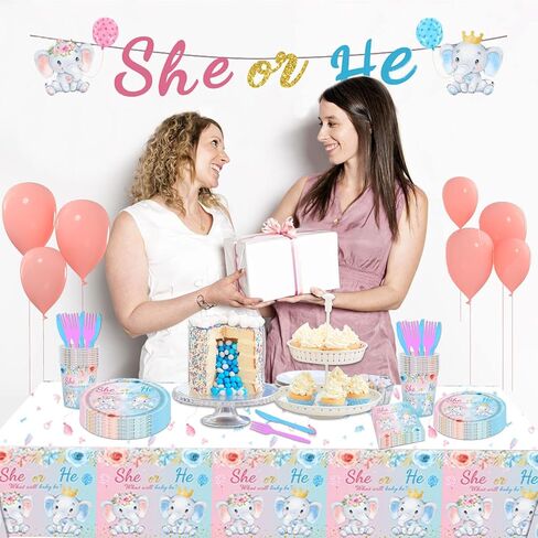 122PCS Gender Reveal Party Supplies Serve 20 Gender Reveal Party Decorations Blue and Pink Elephant Gender Reveal Tableware Set Includes She or He Banner Tablecloth Plates Napkins Cups Forks Knives in Kuwait