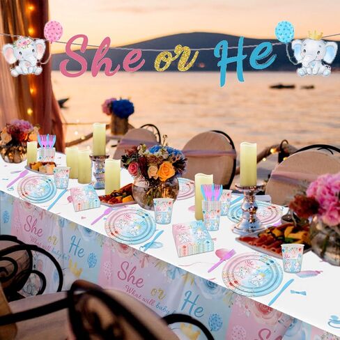 122PCS Gender Reveal Party Supplies Serve 20 Gender Reveal Party Decorations Blue and Pink Elephant Gender Reveal Tableware Set Includes She or He Banner Tablecloth Plates Napkins Cups Forks Knives in Kuwait