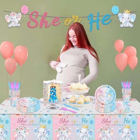 122PCS Gender Reveal Party Supplies Serve 20 Gender Reveal Party Decorations Blue and Pink Elephant Gender Reveal Tableware Set Includes She or He Banner Tablecloth Plates Napkins Cups Forks Knives in Kuwait