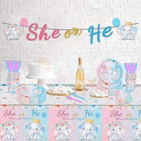 122PCS Gender Reveal Party Supplies Serve 20 Gender Reveal Party Decorations Blue and Pink Elephant Gender Reveal Tableware Set Includes She or He Banner Tablecloth Plates Napkins Cups Forks Knives in Kuwait