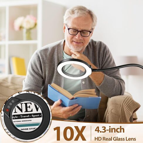 عدسة مكبرة 10X مع ضوء وحامل، مصباح أرضي مكبر مرن Krstlv 24 بوصة، 3 في 1 LED 5 أوضاع ألوان مكبرة مضاءة قابلة للتعتيم بدون استخدام اليدين للعمل عن قرب، والهوايات، والقراءة in Kuwait