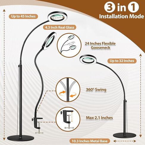 عدسة مكبرة 10X مع ضوء وحامل، مصباح أرضي مكبر مرن Krstlv 24 بوصة، 3 في 1 LED 5 أوضاع ألوان مكبرة مضاءة قابلة للتعتيم بدون استخدام اليدين للعمل عن قرب، والهوايات، والقراءة in Kuwait
