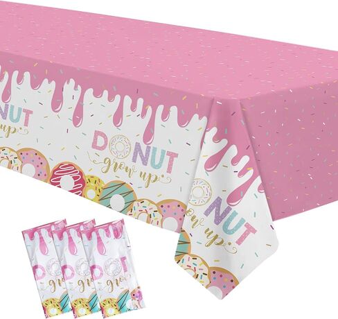 مفرش طاولة لتزيين حفلات الدونات للفتيات - مفرش طاولة لمستلزمات الحفلات التي تكبر على شكل دونات للاستعمال مرة واحدة، مفرش طاولة لتزيين حفلات أعياد الميلاد باللون الوردي - 3 عبوات (54 بوصة × 108 بوصة) in Kuwait