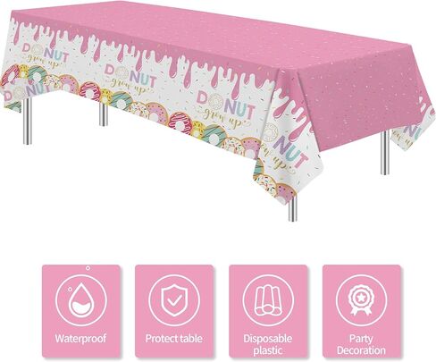 مفرش طاولة لتزيين حفلات الدونات للفتيات - مفرش طاولة لمستلزمات الحفلات التي تكبر على شكل دونات للاستعمال مرة واحدة، مفرش طاولة لتزيين حفلات أعياد الميلاد باللون الوردي - 3 عبوات (54 بوصة × 108 بوصة) in Kuwait