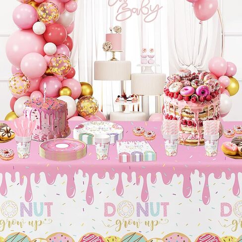 مفرش طاولة لتزيين حفلات الدونات للفتيات - مفرش طاولة لمستلزمات الحفلات التي تكبر على شكل دونات للاستعمال مرة واحدة، مفرش طاولة لتزيين حفلات أعياد الميلاد باللون الوردي - 3 عبوات (54 بوصة × 108 بوصة) in Kuwait