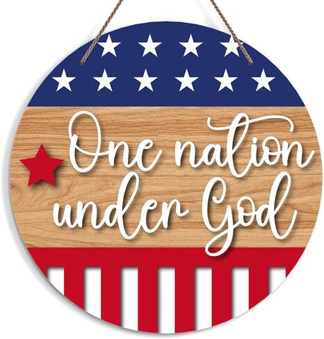 Patriotic Sign for Front Door, Independence Day Welcome Door Sign Decoration, One Nation Under God Round Decorative Wall Sign, Inspirational Wooden Hanging Sign for Farmhouse Home Porch -34 in Kuwait