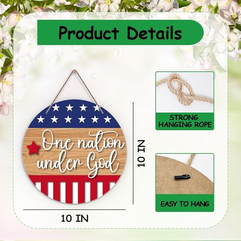 Patriotic Sign for Front Door, Independence Day Welcome Door Sign Decoration, One Nation Under God Round Decorative Wall Sign, Inspirational Wooden Hanging Sign for Farmhouse Home Porch -34 in Kuwait