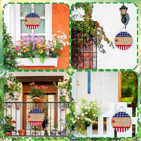 Patriotic Sign for Front Door, Independence Day Welcome Door Sign Decoration, One Nation Under God Round Decorative Wall Sign, Inspirational Wooden Hanging Sign for Farmhouse Home Porch -34 in Kuwait