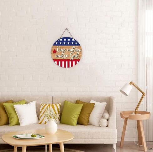 Patriotic Sign for Front Door, Independence Day Welcome Door Sign Decoration, One Nation Under God Round Decorative Wall Sign, Inspirational Wooden Hanging Sign for Farmhouse Home Porch -34 in Kuwait