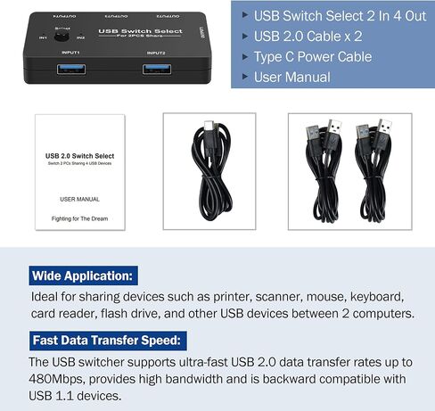 USB Switcher 2 Computers Sharing 4 USB Devices, CYYI USB2.0 Switch Selector Box Hub, USB KVM Switcher Selector 4 Port USB2.0 Switch Box for Keyboard Mouse Scanner Printer PC, With 2 Pack USB Cables in Saudi Arabia