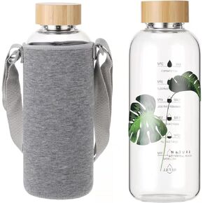 50 Oz Glass Water Bottle Wide Mouth with Time Markers, Bamboo Lid, Neoprene Sleeve Bpa Free