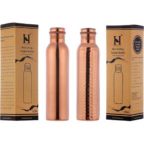 Set of 2 Pure Copper Water Bottles, UNLINED, UNCOATED and LACQURE FREE for Ayurvedic Health Benefits 1000 ML