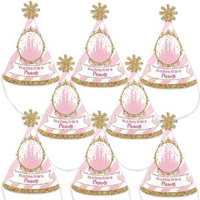 Big Dot of Happiness Little Princess Crown - Mini Cone Pink and Gold Baby Shower or Birthday Party Hats - Small Little Party Hats - Set of 8