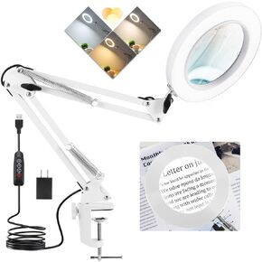 10X Magnifying Glass with Light, Krstlv Real Glass Lens Desk Lamp & Clamp, 3 Color Modes Stepless Dimmable, Hands Free LED Lighted Magnifier with Light and Stand for Reading Crafts Repair Close Works