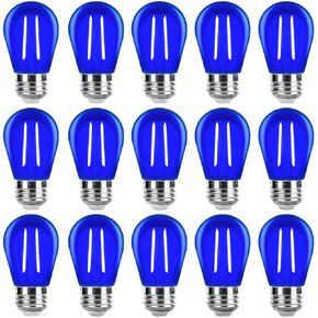 S14 لمبة الضوء الأزرق البلاستيكية 2 وات LED لمبات بديلة لأضواء سلسلة داخلية وخارجية، ديكور مقاوم للكسر E26 قاعدة خيوط إديسون عيد الميلاد الهالوين مصابيح كهربائية ملونة، 15 حزمة