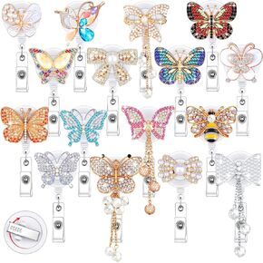 16 Pcs Butterfly Nurse Badge Reels Rhinestone Retractable Badge Holder with Clip Bling Nursing Card ID Name Tag Holder for Volunteer Nurse Doctors