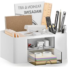 Desk Organizer with 2 Drawer, Multi-Functional Pen Holder for Desktop Storage, Plastic Desk Organizers and Storage with 5 Compartments, Desk Caddy for School Office Art Supplies (White)