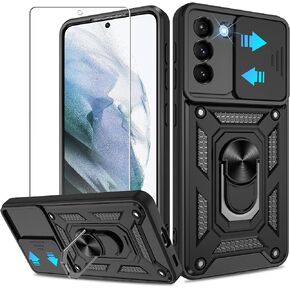for Samsung Galaxy S21 Case,Compatible with Samsung Galaxy S21 Case with HD Screen Protector with Slide Camera Cover, 360° Rotation Ring Kickstand [Military Grade] Case for Samsung S21, Black