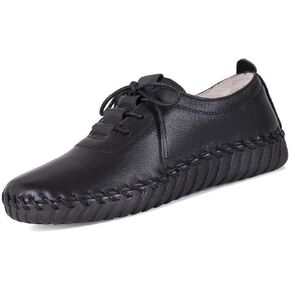 Women's Leather Hand Stitched Loafers Lace-Up Flats, Casual Breathable Comfortable Soft Sole Walking Shoes, Non-Slip Round Toe Mama Shoes