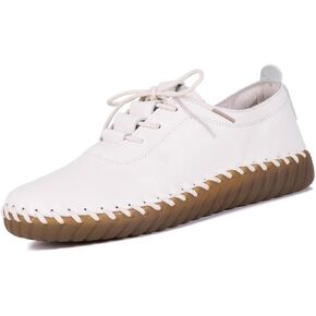Women's Leather Hand Stitched Loafers Lace-Up Flats, Casual Breathable Comfortable Soft Sole Walking Shoes, Non-Slip Round Toe Mama Shoes
