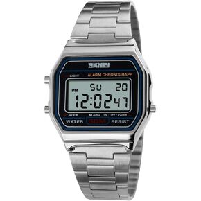 Men's Digital Watch Stainless Steel Band Water Resistant Electronic Square LED Back Light Wristwatch Silver